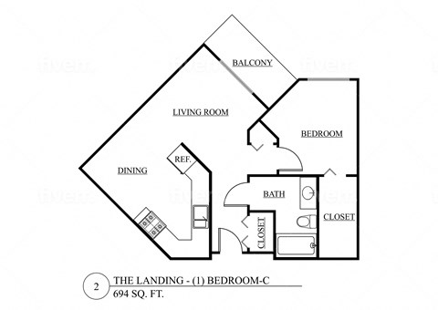 Floor plan for 1 bed, 1 bath, 694 sqft